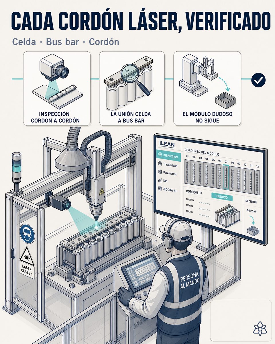 Línea de ensamblado de battery pack EV con cabezal láser sobre busbar, cámara Edge y termografía sincronizadas — control de soldadura con IA