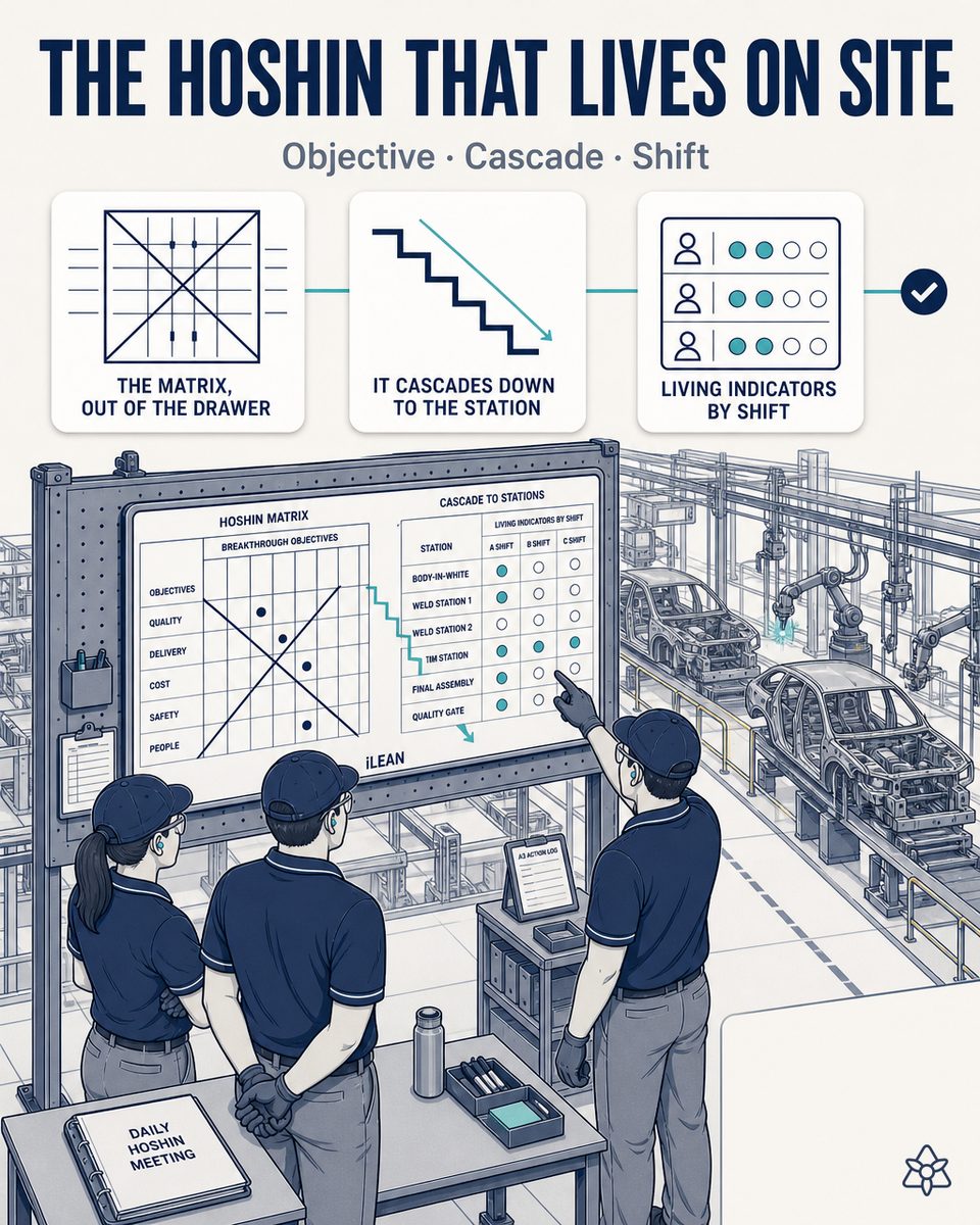 Tier-1 plant screen showing the Hoshin X-matrix cascaded into KPIs by shift and workstation, with the operational excellence manager reviewing it — digital Hoshin Kanri with iLEAN