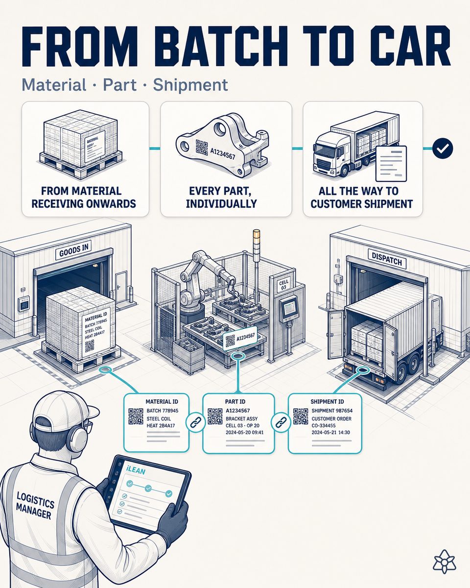 Tier-1 shipping warehouse with DataMatrix-marked parts, OEM shipping labels and a screen showing the part-to-VIN link — IATF 16949 traceability with AI