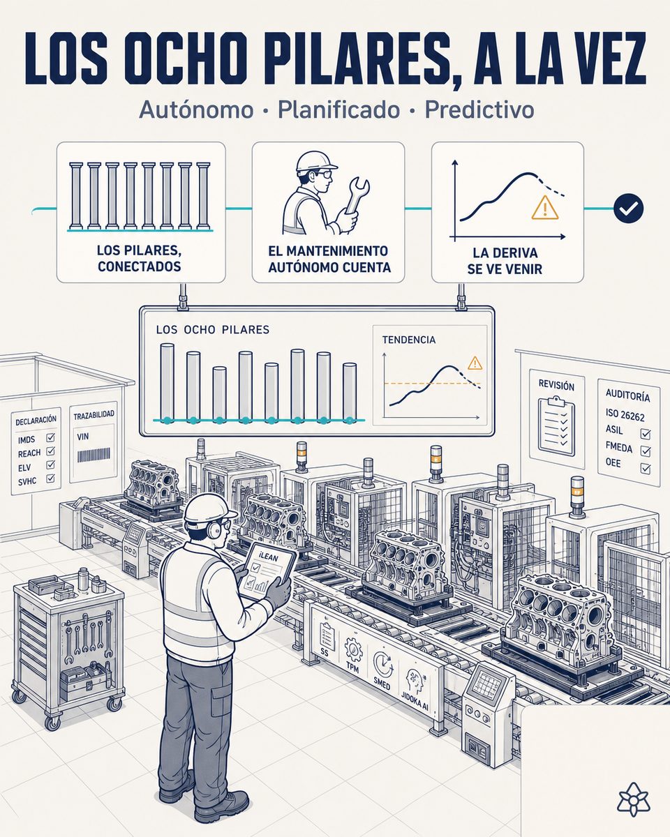 Línea de mecanizado de motor en planta automoción con Edge sobre torno de cigüeñal y técnico de mantenimiento viendo MTBF/MTTR en tiempo real — TPM con iLEAN
