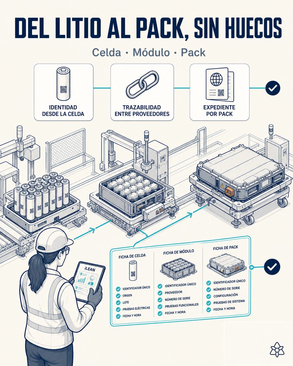 Planta de ensamblado de battery pack EV con marcado láser de identificador único, cámara Edge y operario validando dossier por pack — Battery Passport con IA