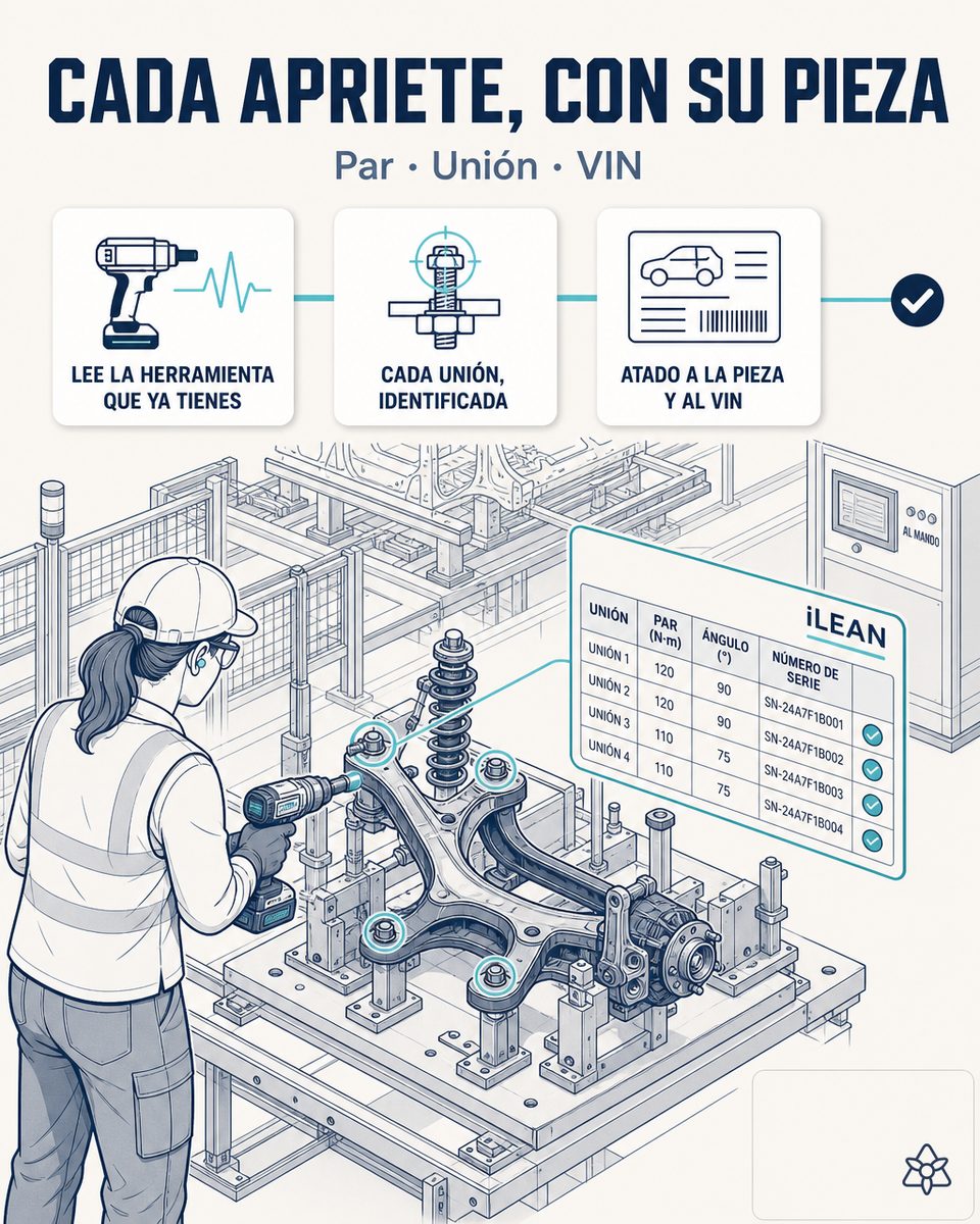 Estación de atornillado en línea de coche con llave Atlas Copco, terminal iLEAN Edge leyendo el VIN del vehículo — trazabilidad de torque pieza por tornillo