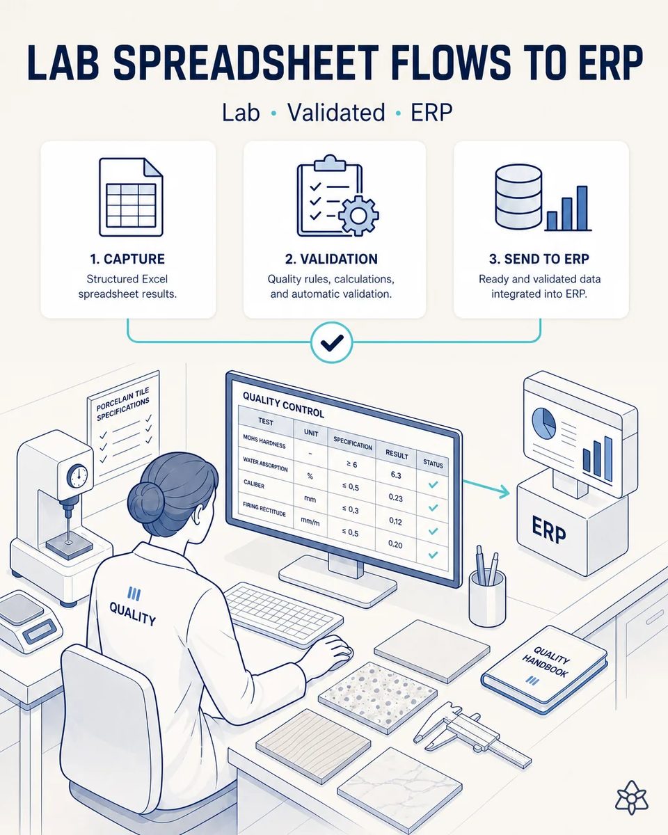 Quality lab technician entering Mohs hardness, water absorption, caliber and rectitude results in a spreadsheet, with tile samples, calipers and an arrow toward the ERP