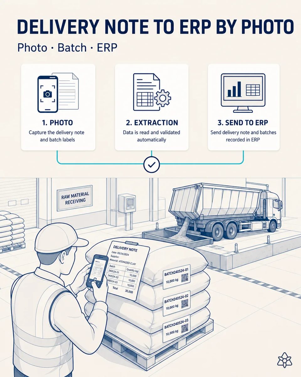 Receiving lead photographing a delivery note for atomized clay clipped to labeled big bags with batch QR codes, while a truck unloads into a hopper behind