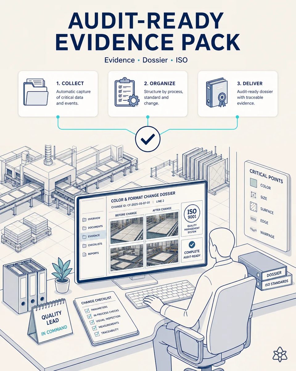 Quality lead reviewing on screen a color and format change dossier with before and after photos and an ISO 9001 audit-ready mark, beside binders and a critical points board