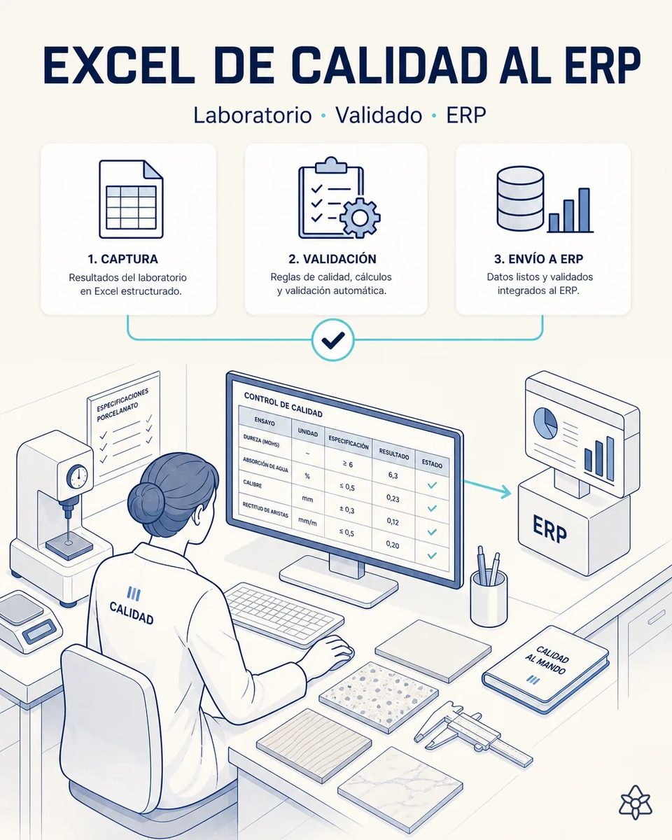 Técnica de calidad en el laboratorio frente a un monitor con la hoja de control de dureza, absorción de agua, calibre y rectitud de aristas, junto a un durómetro, un calibre y muestras de porcelanato