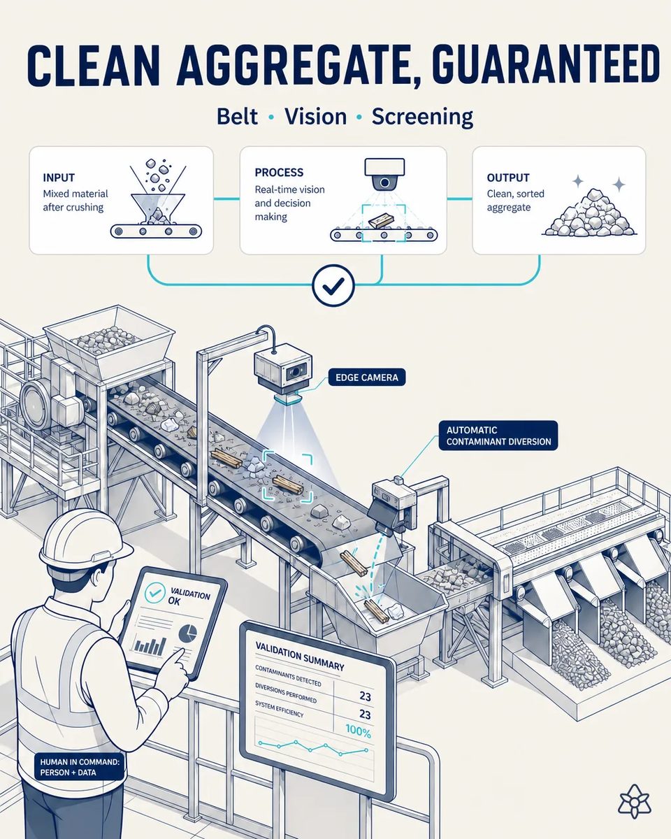 Edge camera above the crushing plant's output conveyor spotting timber and plastic fragments among the recycled aggregate, an automatic diverter dropping them into a reject bin, with screening decks and clean stockpiles beyond