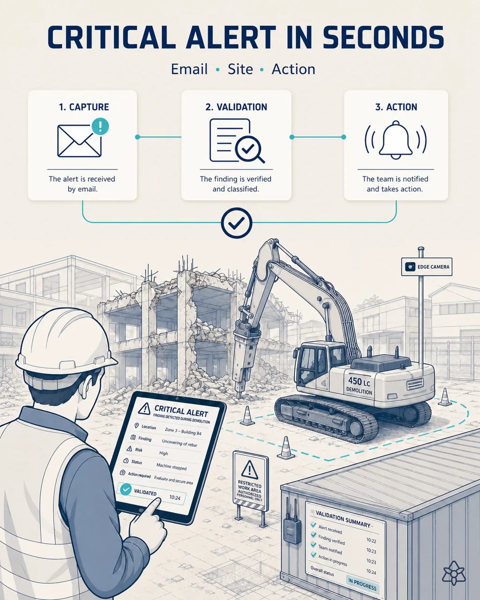 Site manager in hard hat reading a critical alert on a tablet with location, finding, risk level and required action, while a tracked demolition excavator stands stopped behind cones and a restricted work area sign