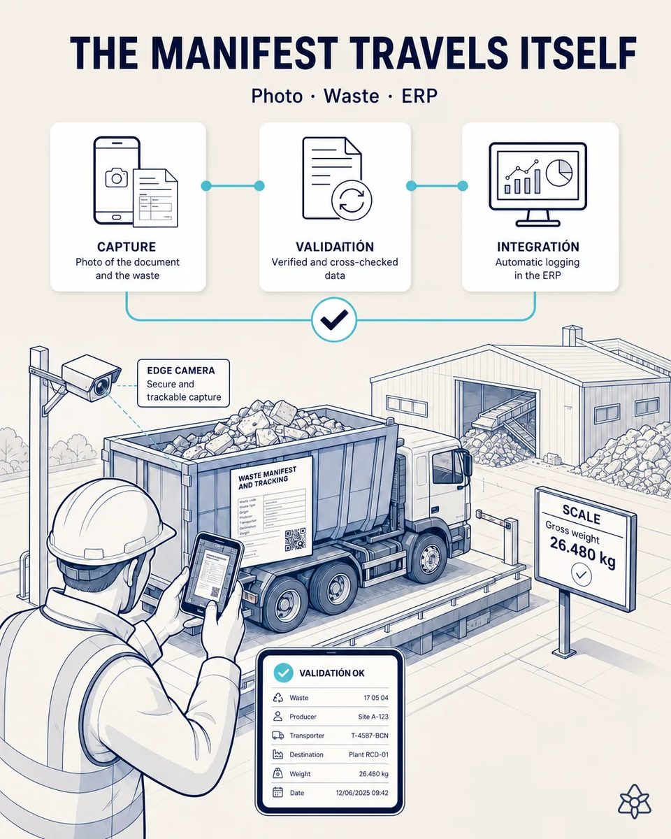 Site manager photographing with a phone the waste manifest on a roll-off container full of rubble loaded on a truck standing on the weighbridge, with the gross weight on the display and a validation panel listing waste code, producer, carrier and destination