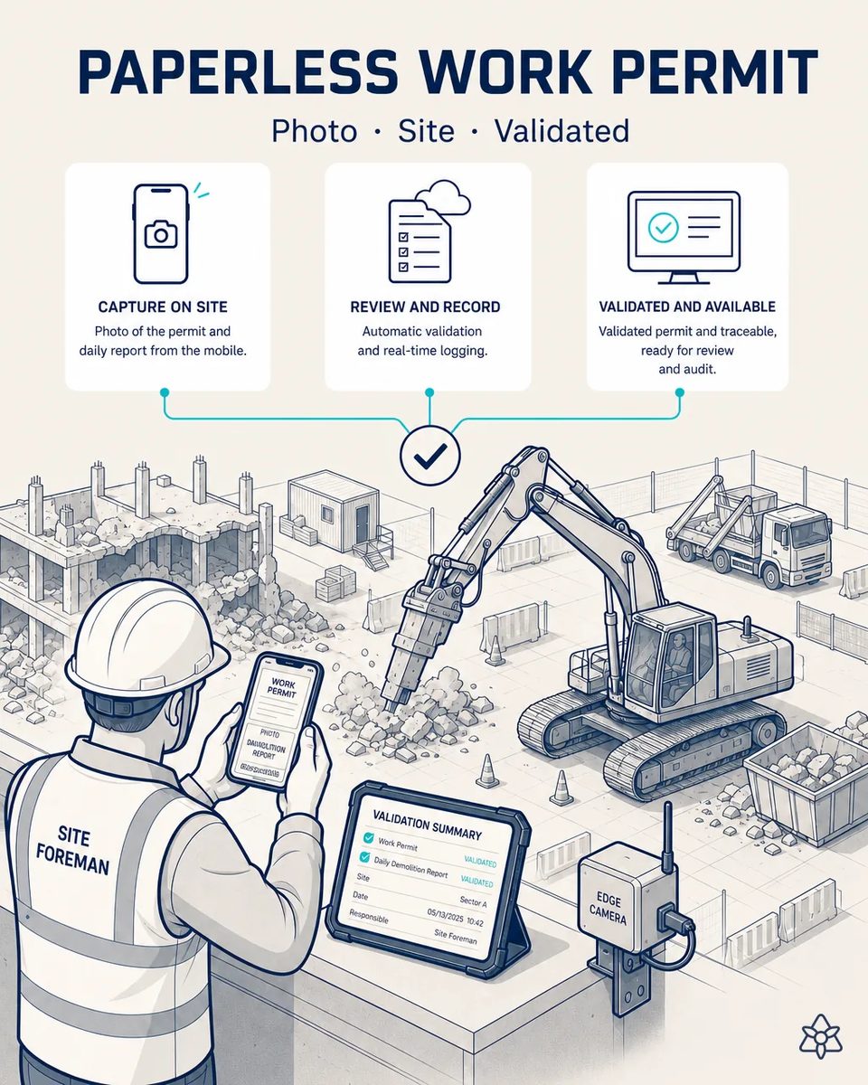 Site foreman in hard hat and hi-vis vest photographing the Work Permit and the daily demolition report with a phone, with a tracked excavator and hydraulic breaker working the concrete frame behind and a validation summary on a site tablet