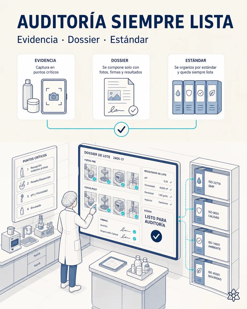 Responsable de calidad de una planta de tinte revisando en pantalla el dossier de un periodo auditado, con partes de limpieza, liberaciones de lote y certificados de análisis indexados