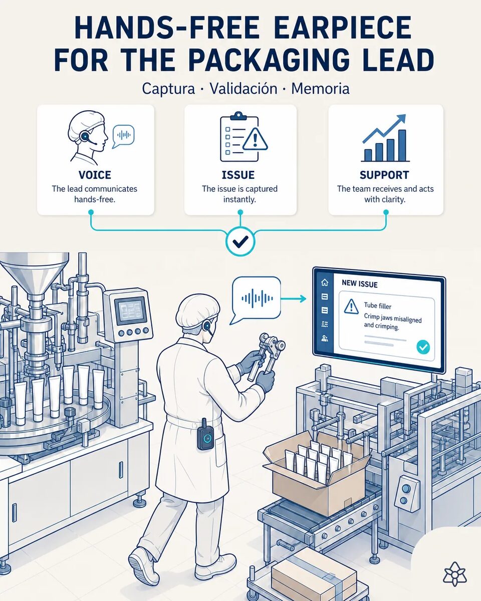 Packaging lead in a lab coat, hairnet and Bluetooth earpiece speaking while walking between the tube filler and the cartoner of a hair color plant