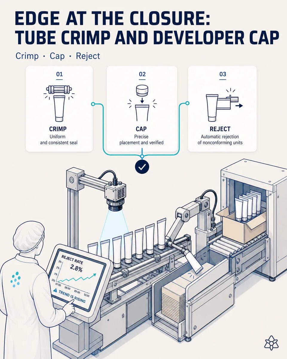 Machine vision camera inspecting the crimp seal of hair color tubes at the crimper exit, with the developer capper on the same line