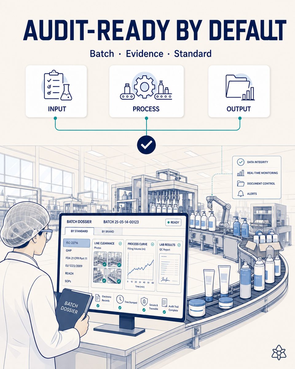 Quality manager at a personal care plant showing an auditor the batch dossier on screen, with the batch record, lab results and line clearance images indexed by requirement