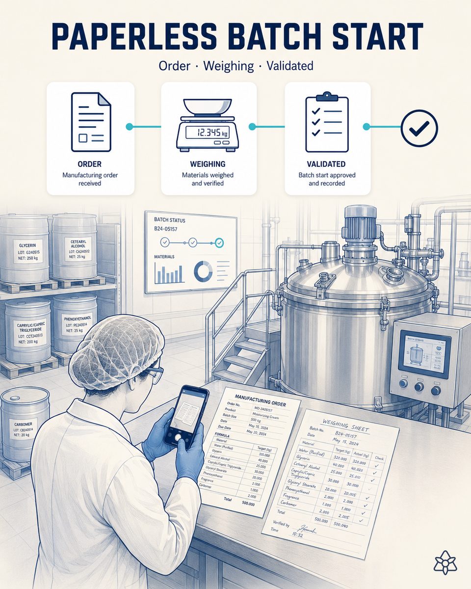 Bulk operator photographing the handwritten weighing sheet next to the vacuum emulsifier, with drums of surfactant behind and the structured batch record on a tablet