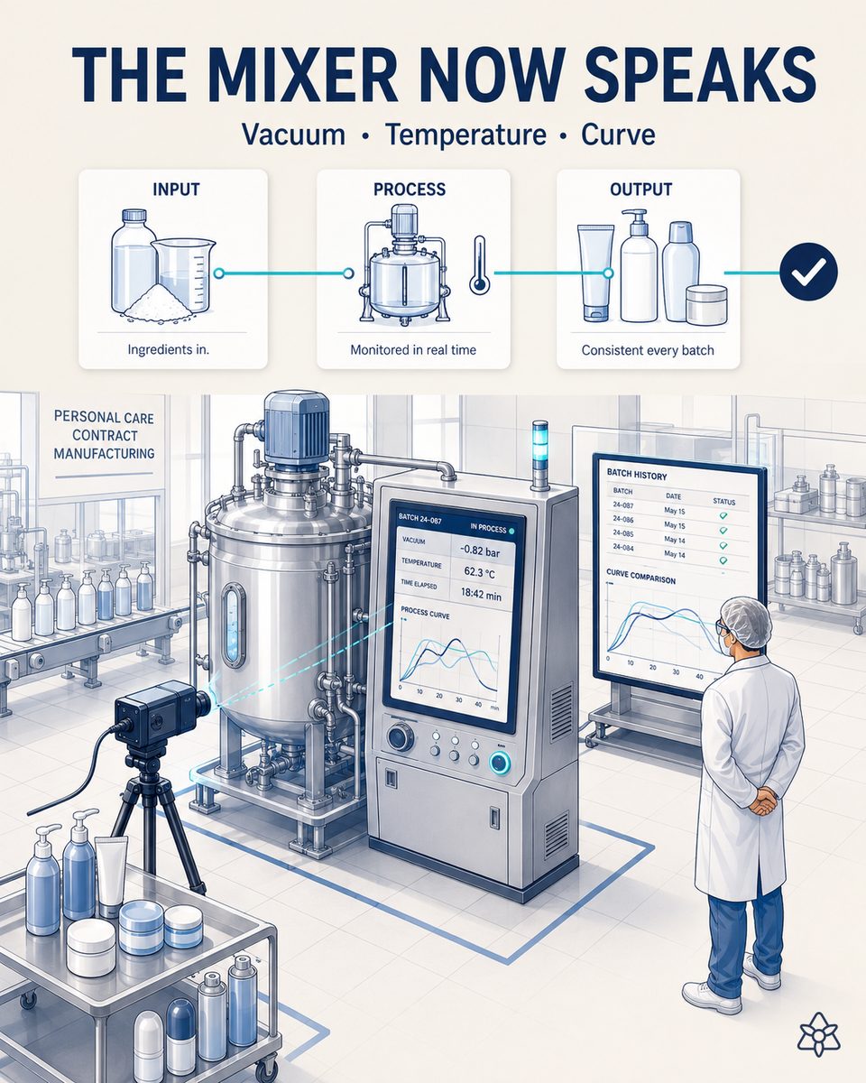 Fixed industrial camera pointed at the control panel of a vacuum emulsifier showing vacuum and jacket temperature, with a bulk operator beside the vessel