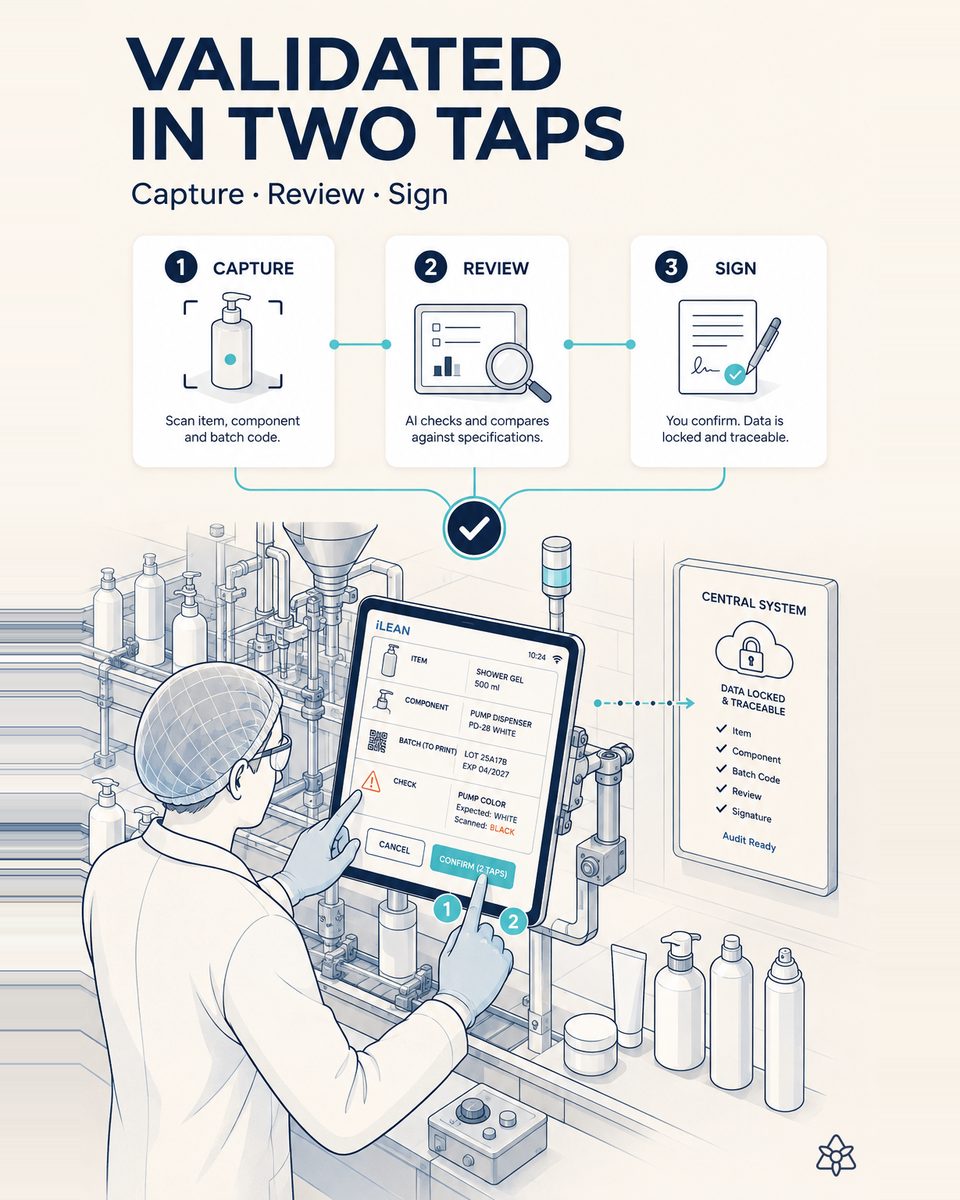 Line leader confirming on an industrial tablet at the filling line the bulk, bottle, cap and label mounted, with the discrepancy highlighted in the on-screen summary