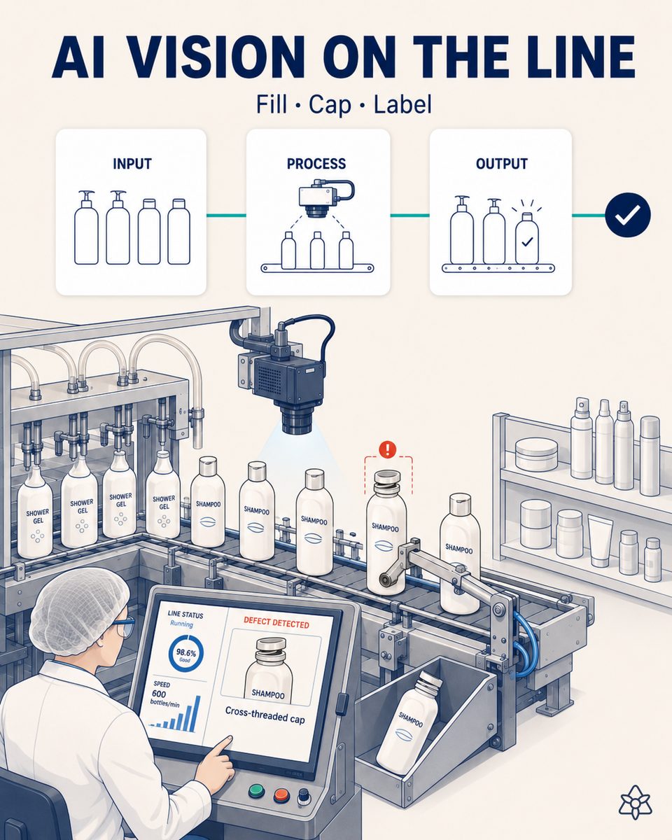 Industrial camera over a cosmetics filling line inspecting fill level and caps on shampoo bottles, with a defective unit ejected before the cartoner