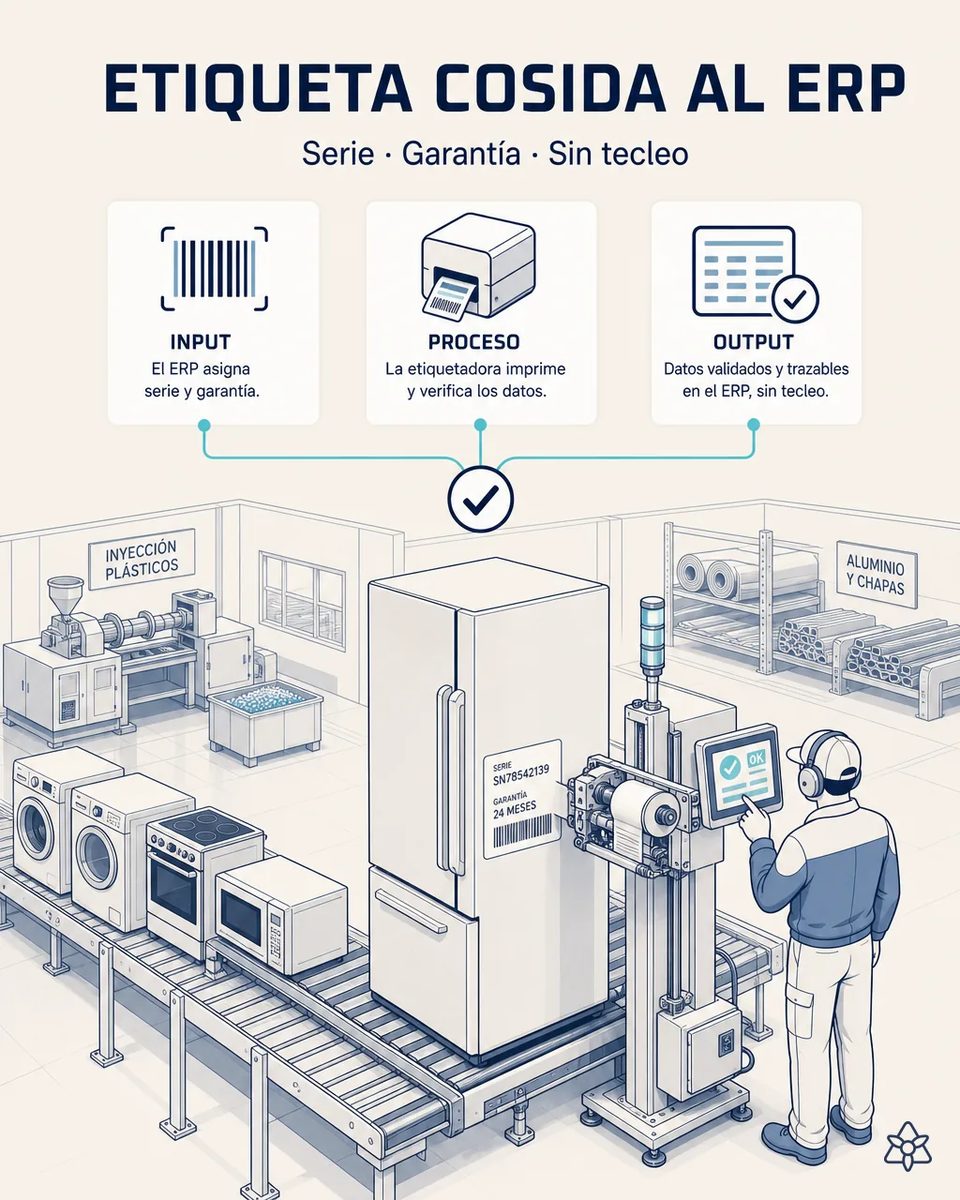 Ilustración de una etiquetadora automática aplicando una etiqueta con número de serie y garantía de 24 meses a un refrigerador doméstico en el transportador, con un operario confirmando en la pantalla