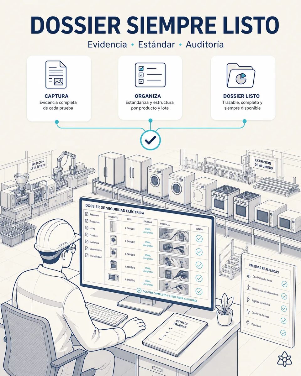 Ilustración de un responsable de calidad ante un monitor con el dossier de seguridad eléctrica por producto y lote, con un panel de pruebas de rigidez dieléctrica, aislamiento, fuga y polaridad