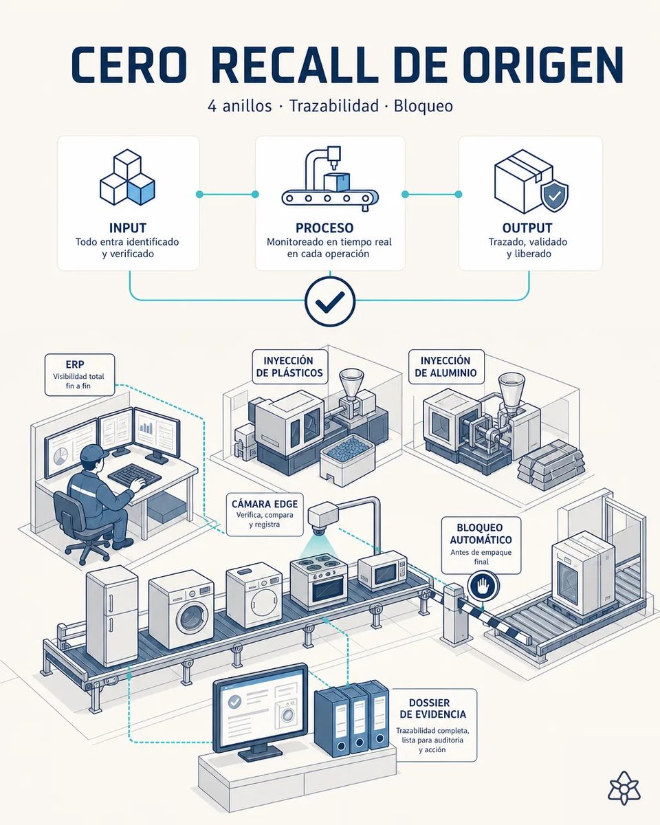 Ilustración de una planta de línea blanca con ERP, inyección de plástico y aluminio, cámara Edge sobre la línea, barrera de bloqueo automático antes del empaque y dossier de evidencia junto a la línea