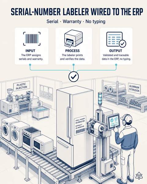 Serial labeler wired to the ERP
