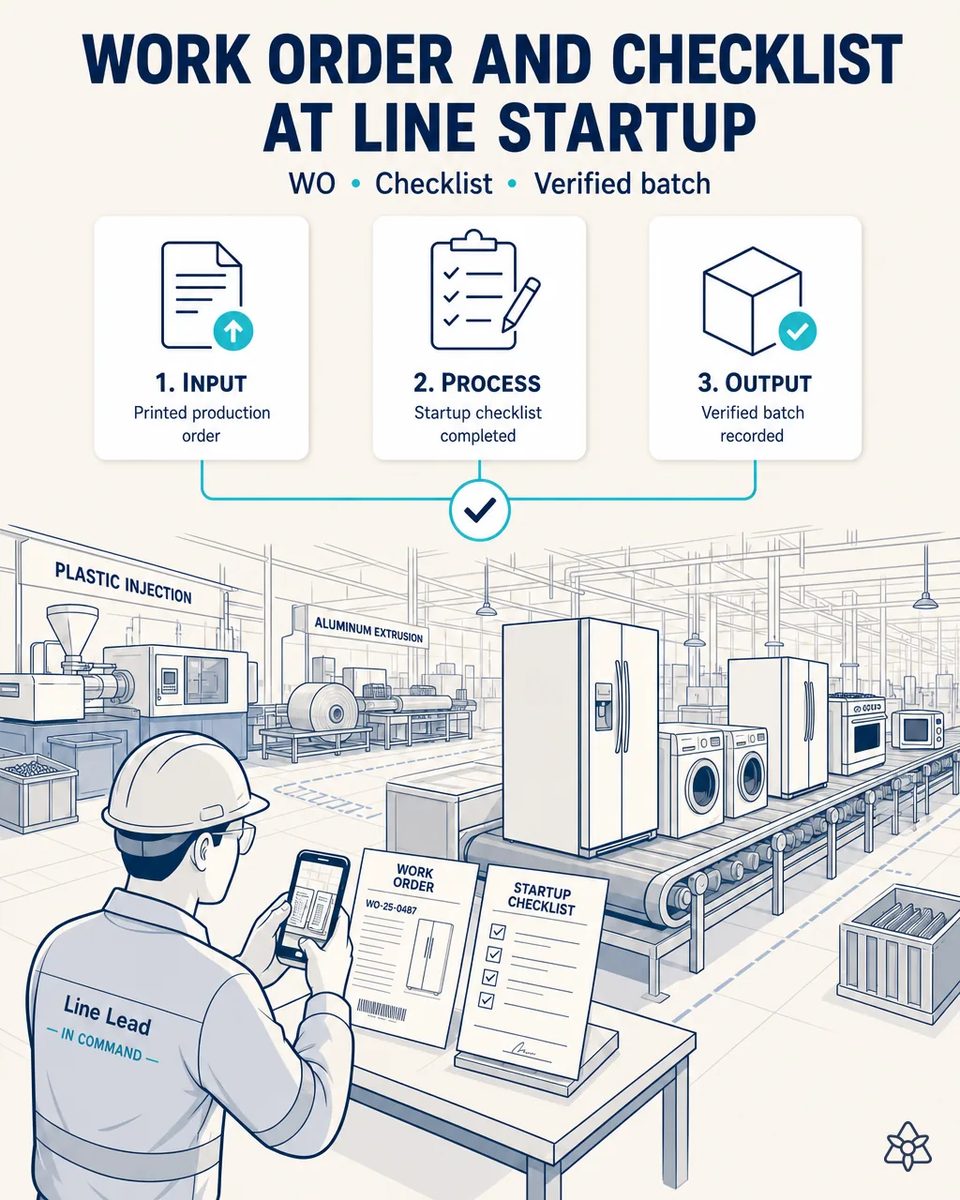Line lead in a hard hat photographing the printed Work Order and the signed startup checklist with a phone, next to an assembly conveyor carrying refrigerators, washers, a stove and a microwave