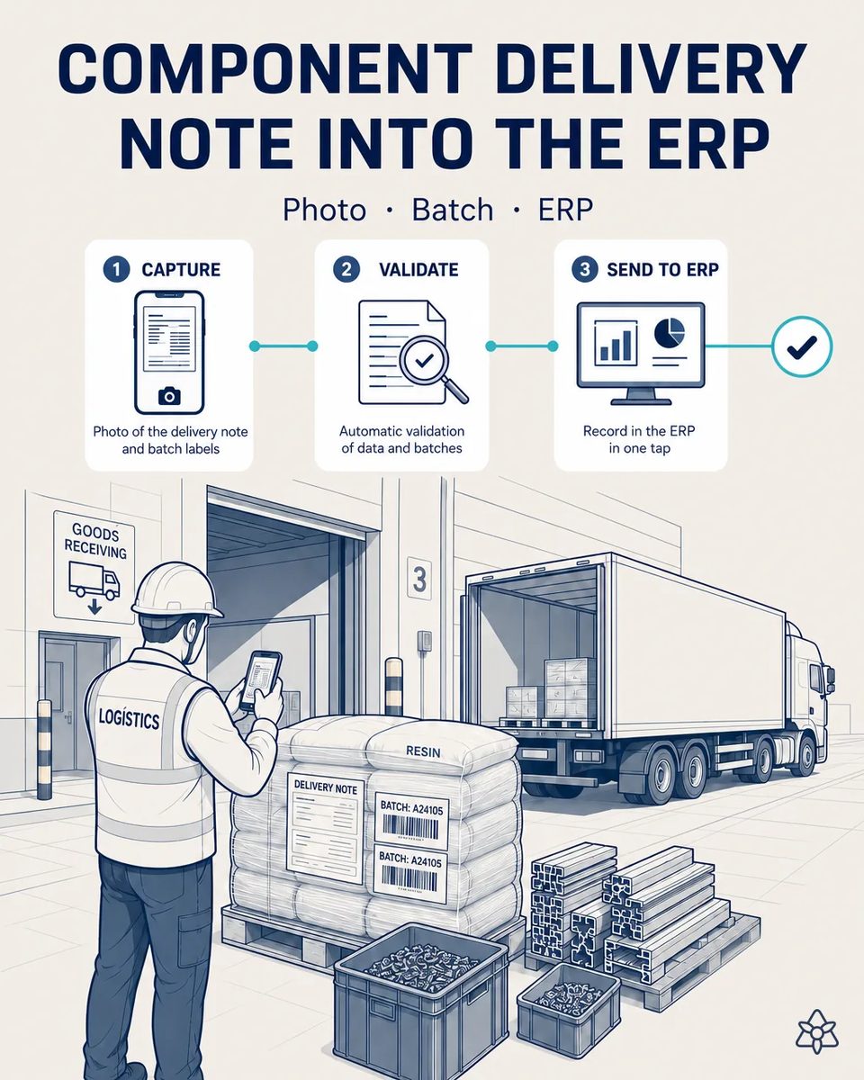 Logistics supervisor at a goods receiving dock photographing the delivery note and batch barcode labels on a resin pallet with a phone, with aluminum profiles and a truck being unloaded