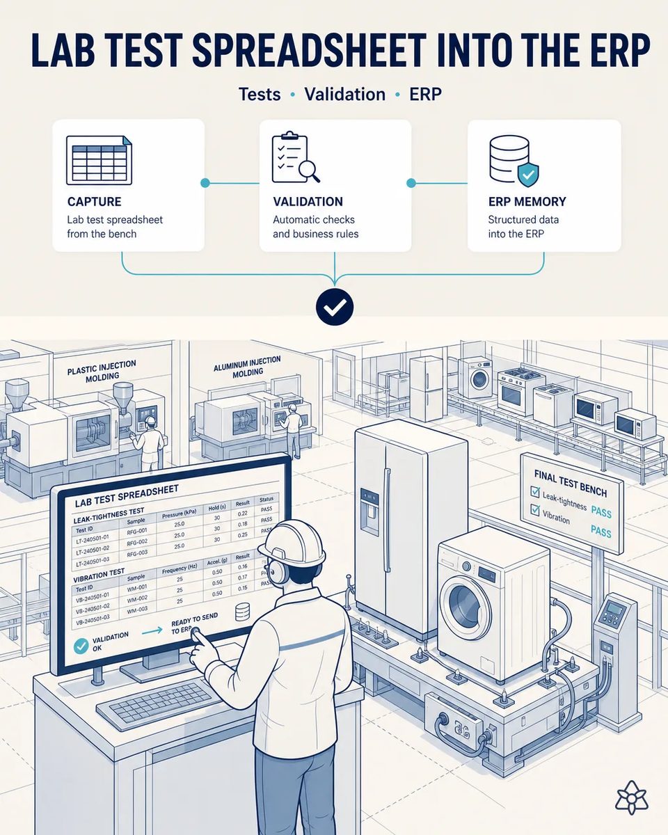Lab technician at a screen with a leak-tightness and vibration test spreadsheet marked validated and ready for the ERP, next to a final test bench holding a refrigerator and a washer