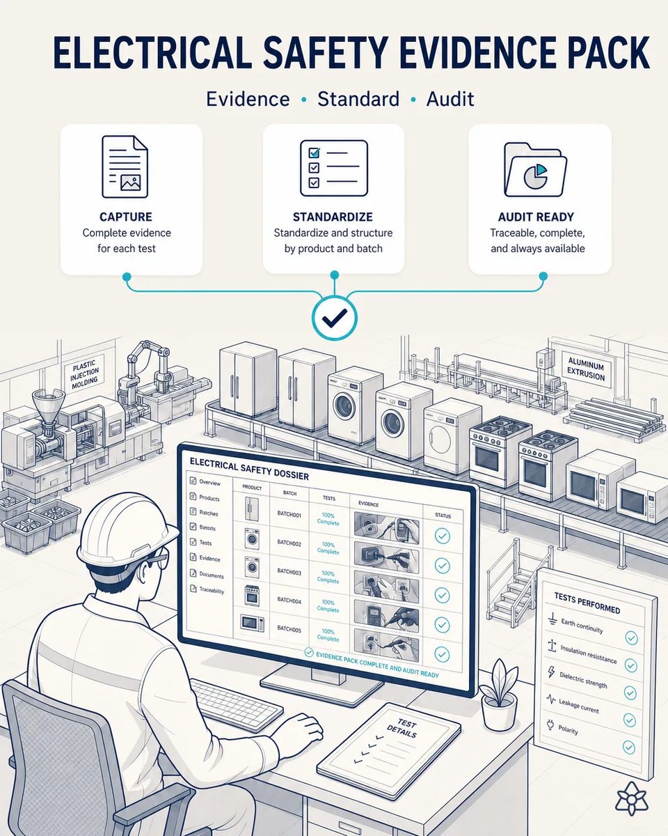 Quality engineer at a screen showing an electrical safety dossier by product and batch with evidence photos, next to a panel listing ground continuity, insulation resistance, dielectric strength, leakage current and polarity