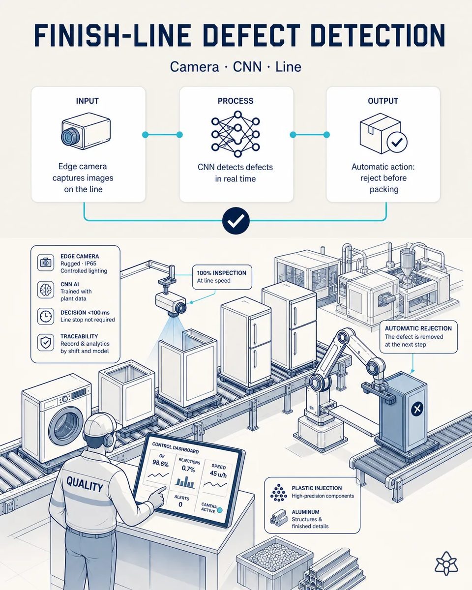 Edge camera over a conveyor inspecting refrigerator and washer cabinets, a robot arm pulling a defective cabinet aside, and a quality inspector checking OK rate and rejects on a dashboard