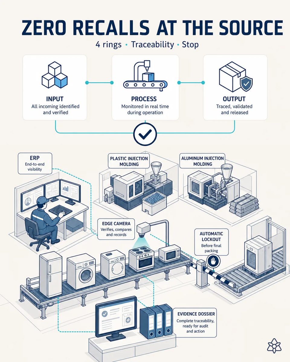White-goods line with refrigerators, washers, a stove and a microwave passing under an Edge camera to an automatic lockout gate before packing, linked to the ERP desk and an evidence dossier