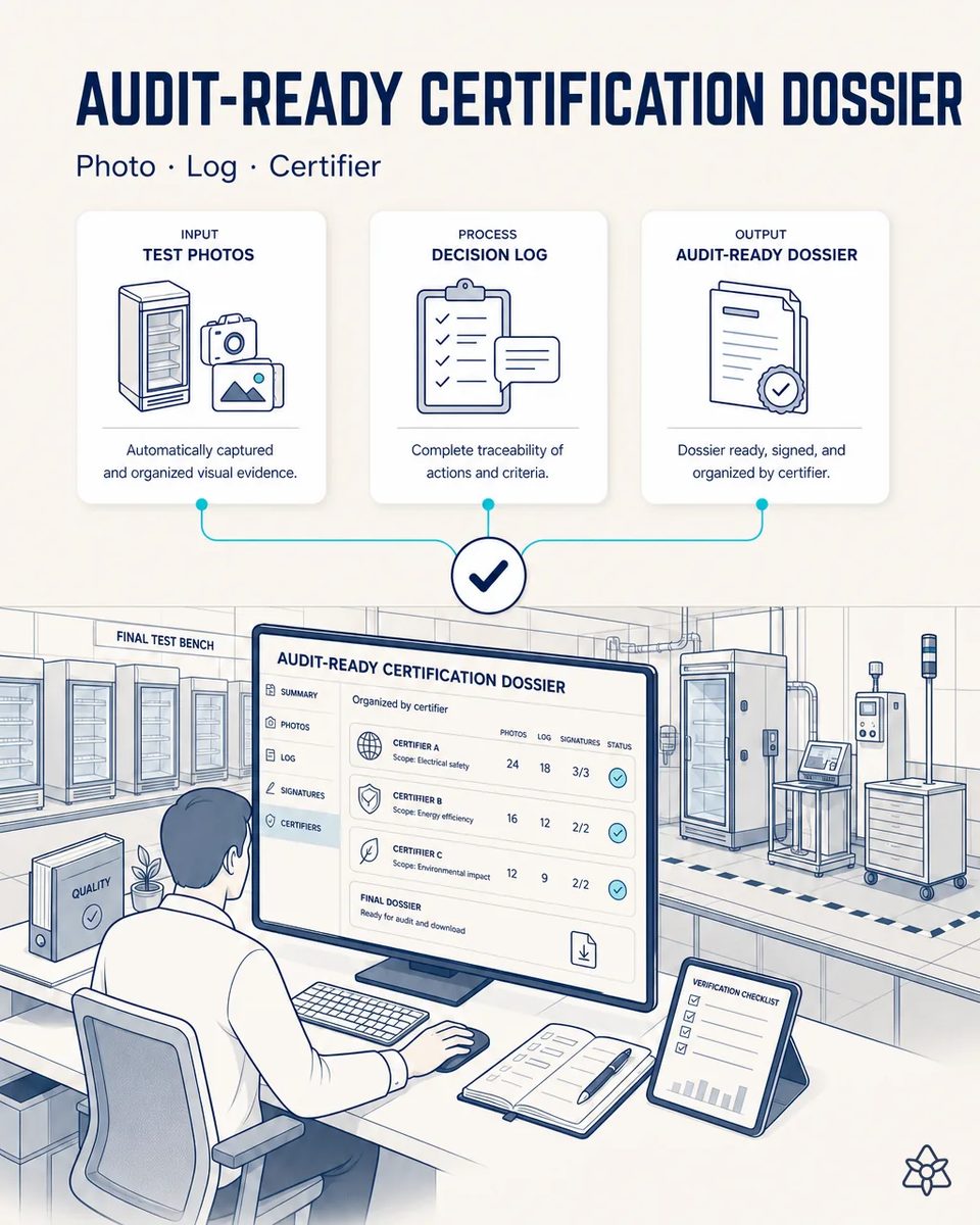 Quality engineer reviewing an audit-ready certification dossier on screen organized by certifier and scope, with test photos, decision log and signatures per certifier, next to the final test bench