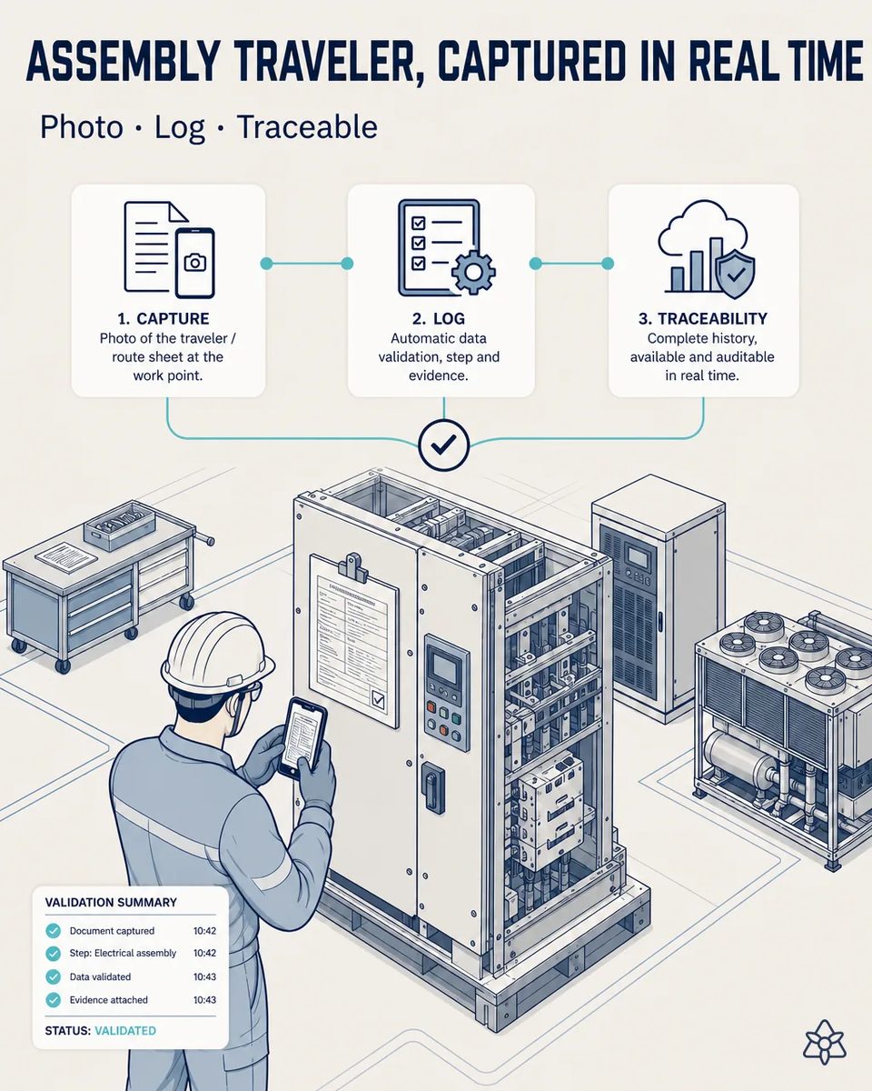 Technician in a hard hat photographing the paper traveler clipped to an open switchgear cabinet on a pallet, with a validation summary on screen and UPS and cooling units behind