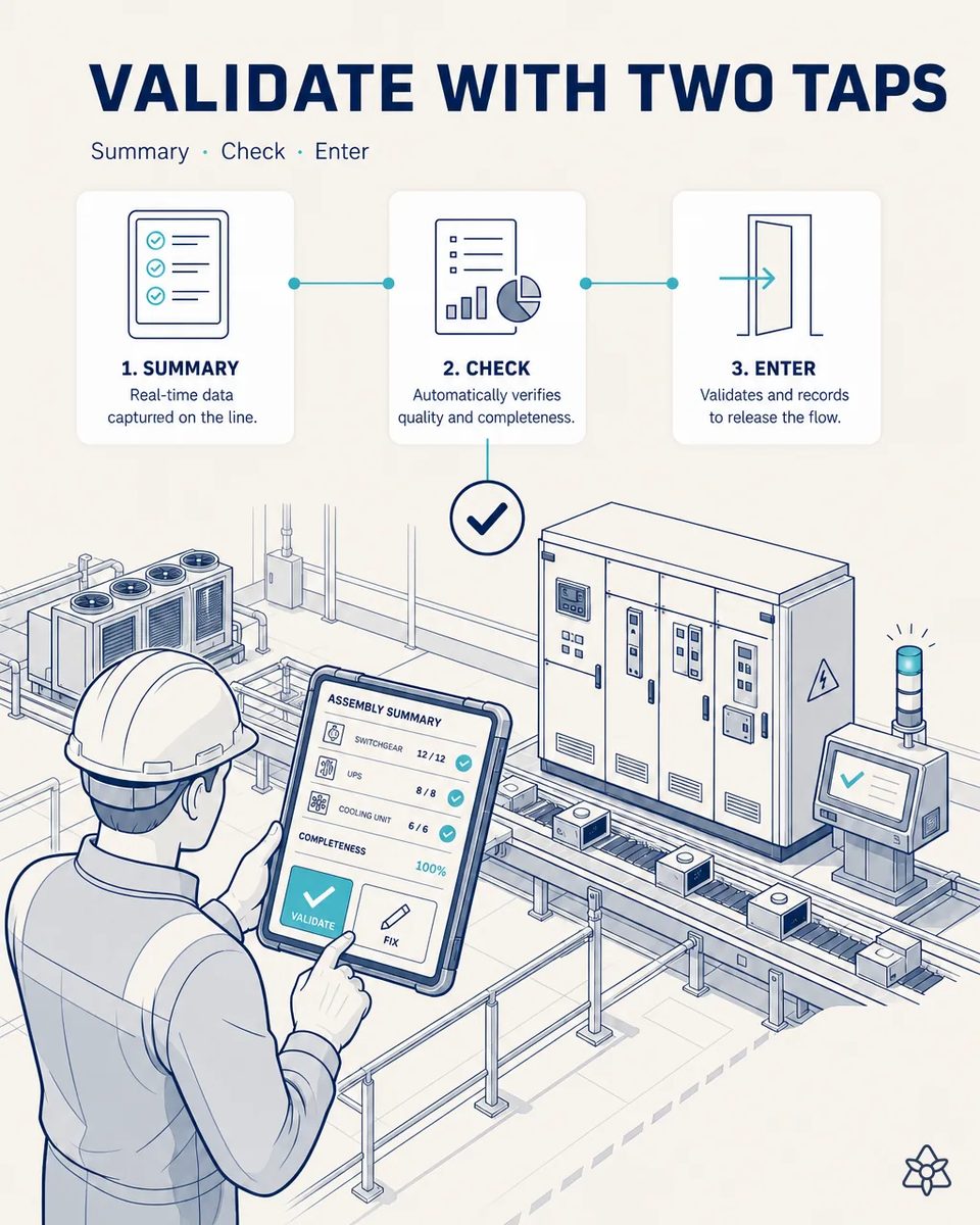 Technician holding a line tablet with an assembly summary for switchgear, UPS and cooling units at full completeness and two buttons, validate and fix, beside a cabinet on the conveyor
