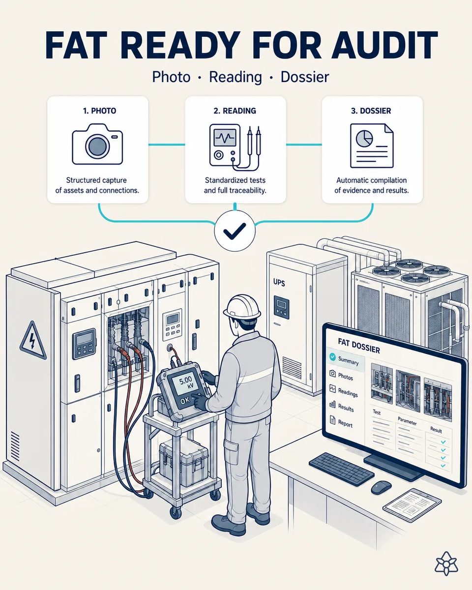 Technician running a 5.00 kV dielectric test on a switchgear lineup with a FAT dossier on screen listing photos, readings and results, beside a UPS and a cooling unit