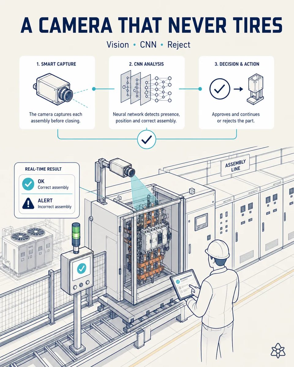 Camera mounted over an open switchgear cabinet at the closing station inspecting copper busbars and breakers, with an OK and alert panel and a stack light beside the line