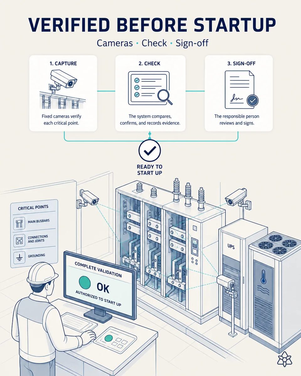 Fixed cameras around a medium-voltage switchgear section checking main busbars, connections and grounding, with an operator screen showing complete validation and authorized to start up