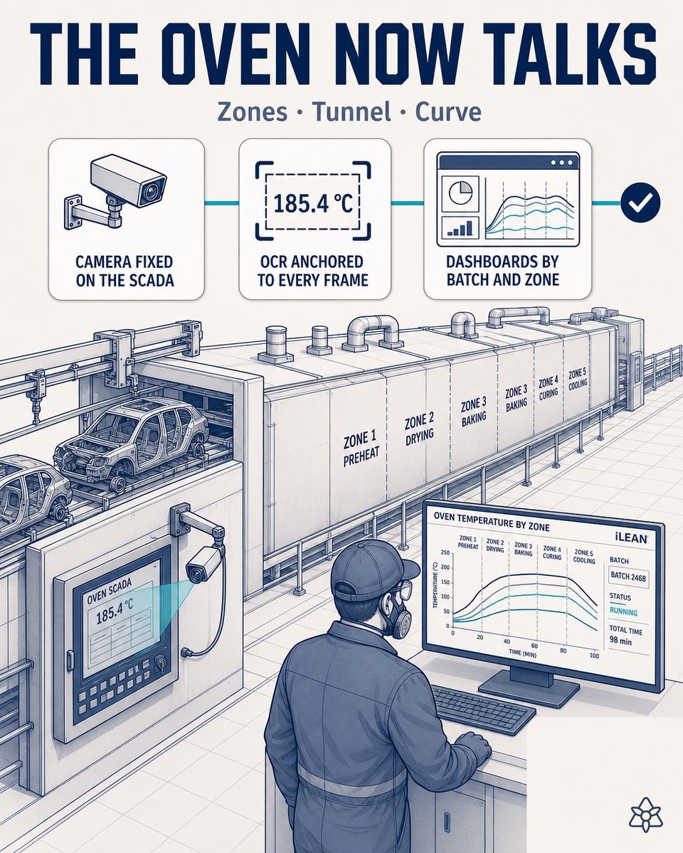 External industrial camera aimed at the proprietary SCADA panel of the tunnel curing oven on a metal chassis paint line in an EMS plant — iLEAN Connect digitizes each batch's per-zone thermal curve, chain speed, consumption and alarms without touching the original SCADA