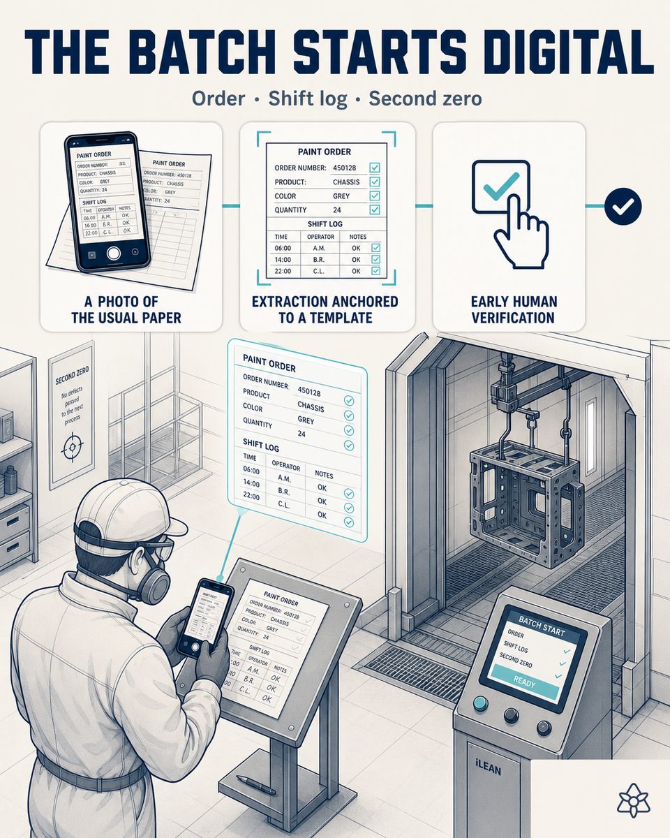 Operator at an EMS plant photographing the printed paint work order and the handwritten shift report with the phone at the chassis paint booth — Connect digitizes them into the central system at second zero