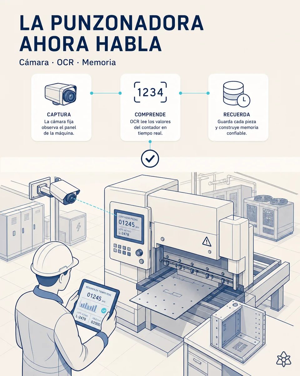 Cámara fija apuntando al panel de una máquina de chapa con el contador de piezas y el lote activo, mientras un operario consulta el mismo contador en una tableta y una envolvente metálica espera al lado