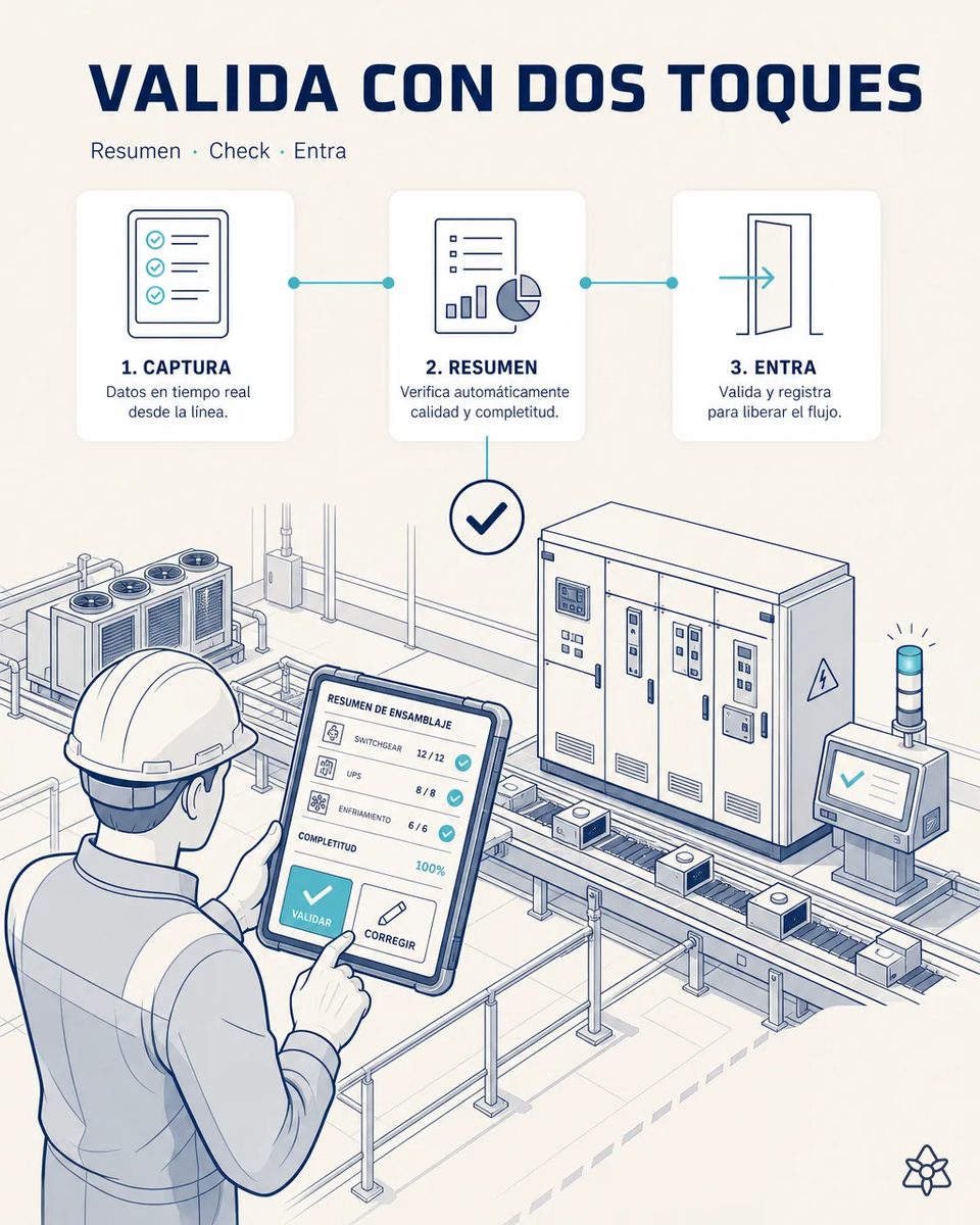 Técnico con casco sosteniendo una tableta con el resumen de ensamblaje de switchgear, UPS y enfriamiento y los botones validar y corregir, junto a un cuadro eléctrico en una línea con baliza
