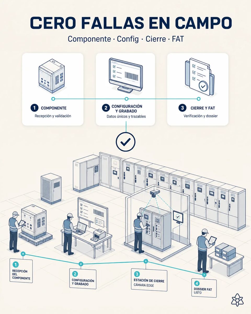 Línea de switchgear con cuatro puestos enlazados: recepción del componente con tableta, configuración y grabado, estación de cierre con cámara Edge en cabina y dossier FAT listo junto a las unidades