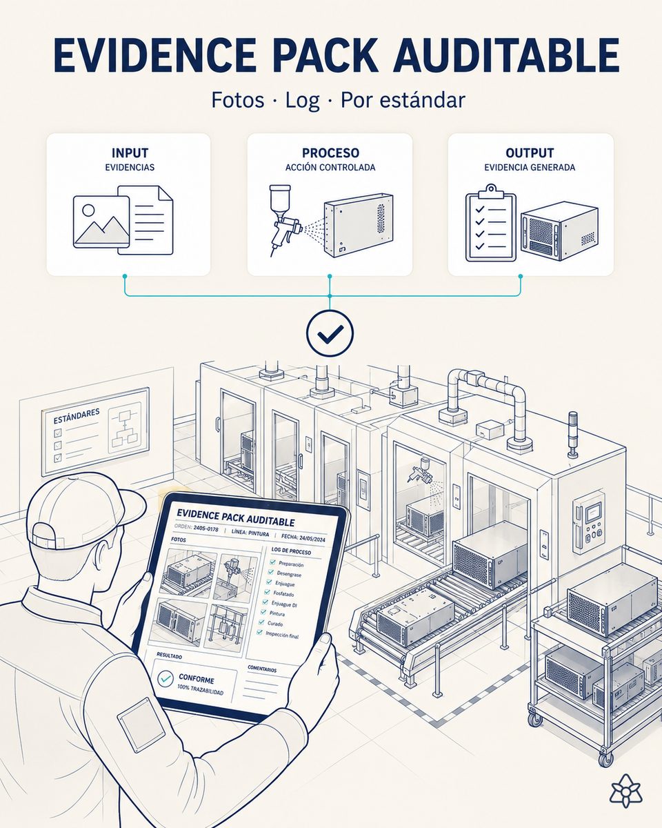 Responsable de Calidad de una planta EMS revisando en un portátil el portal del auditor con el evidence pack de la línea de pintura de chasis organizado por ISO, RoHS y códigos de proveedor OEM