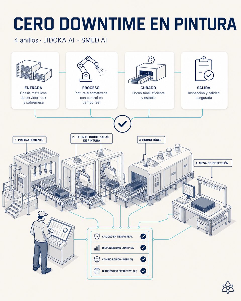 Sección de pintura de chasis en una planta de electrónica con cuatro puntos de verificación coordinados — la OF y el parte de turno digitalizados en tiempo real por Connect más la voz del superintendente por pinganillo, la curva térmica del horno de curado leída por cámara sobre el panel SCADA, los contadores de horas, disparos, consumo y alarmas del robot pintor y de los equipos críticos llegando al CMMS, y un evidence pack por chasis con foto de inspección visual y firma del técnico de calidad — sistema iLEAN de 4 anillos para cero downtime no planificado