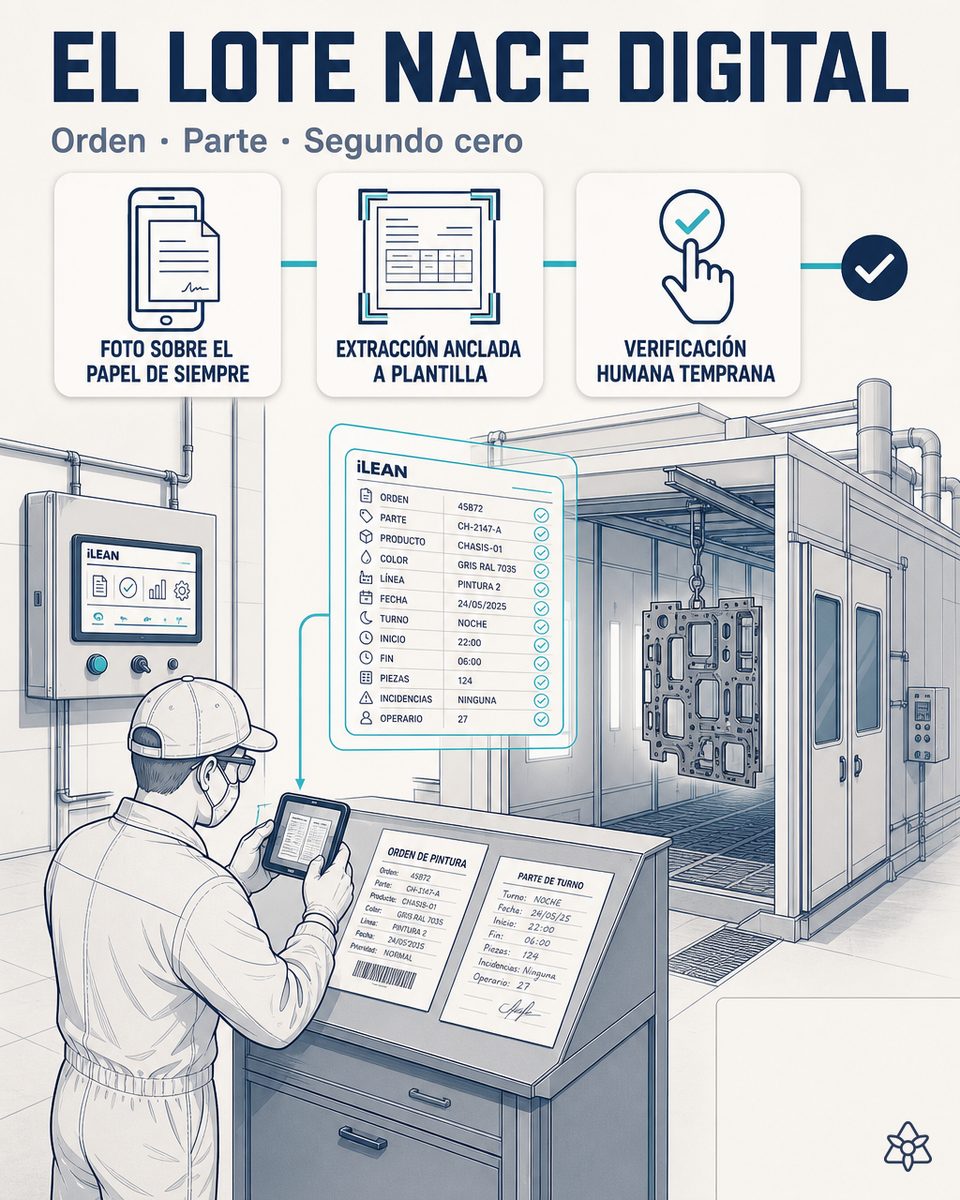 Operario de una planta EMS fotografiando con el móvil la OF de pintura impresa y el parte de turno manuscrito a pie de cabina de pintura de chasis — Connect los digitaliza en el sistema central en el segundo cero