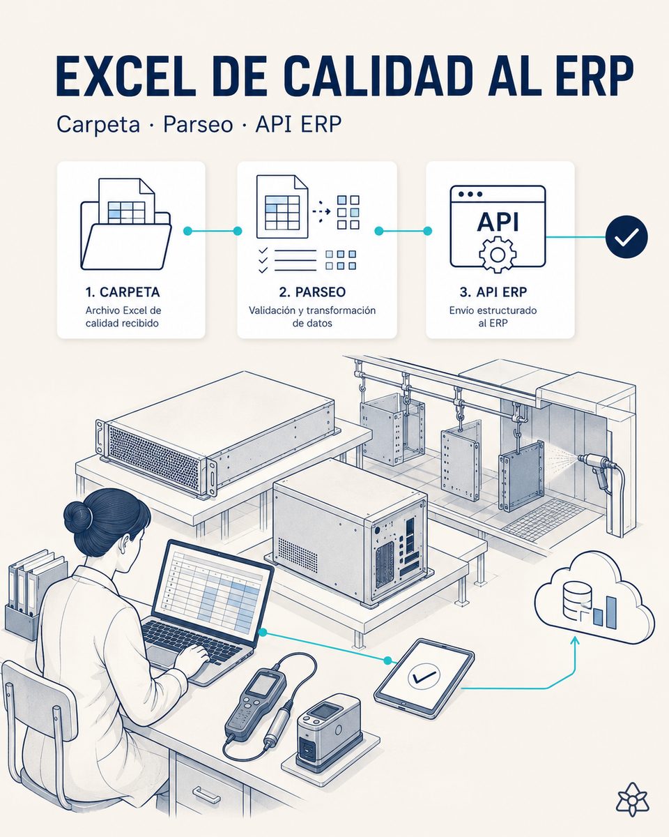 Técnico de calidad de una planta EMS guardando el Excel con las mediciones de pintura del lote de chasis metálicos en una carpeta compartida, con una pantalla al lado mostrando la validación antes del volcado al ERP corporativo