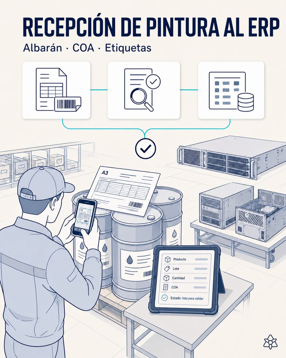Jefe de recepción de una planta EMS fotografiando con la tableta industrial el albarán A3 y el certificado de análisis en la recepción de bidones de pintura — Connect extrae lotes, cantidades y caducidades y los vuelca al módulo MM del ERP tras un toque de validación