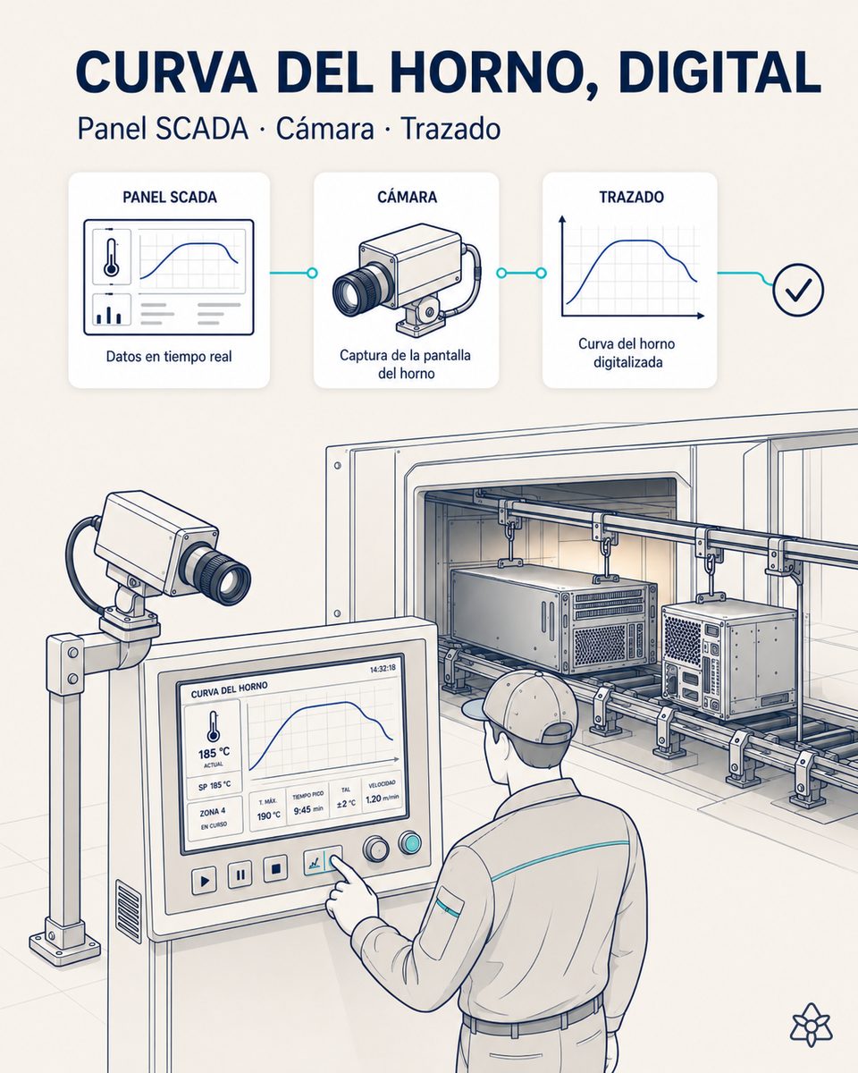 Cámara industrial externa apuntando al panel SCADA propietario del horno túnel de curado en una línea de pintura de chasis metálicos de una planta EMS — iLEAN Connect digitaliza la curva térmica por zona, la velocidad de cadena, el consumo y las alarmas de cada lote sin tocar el SCADA original