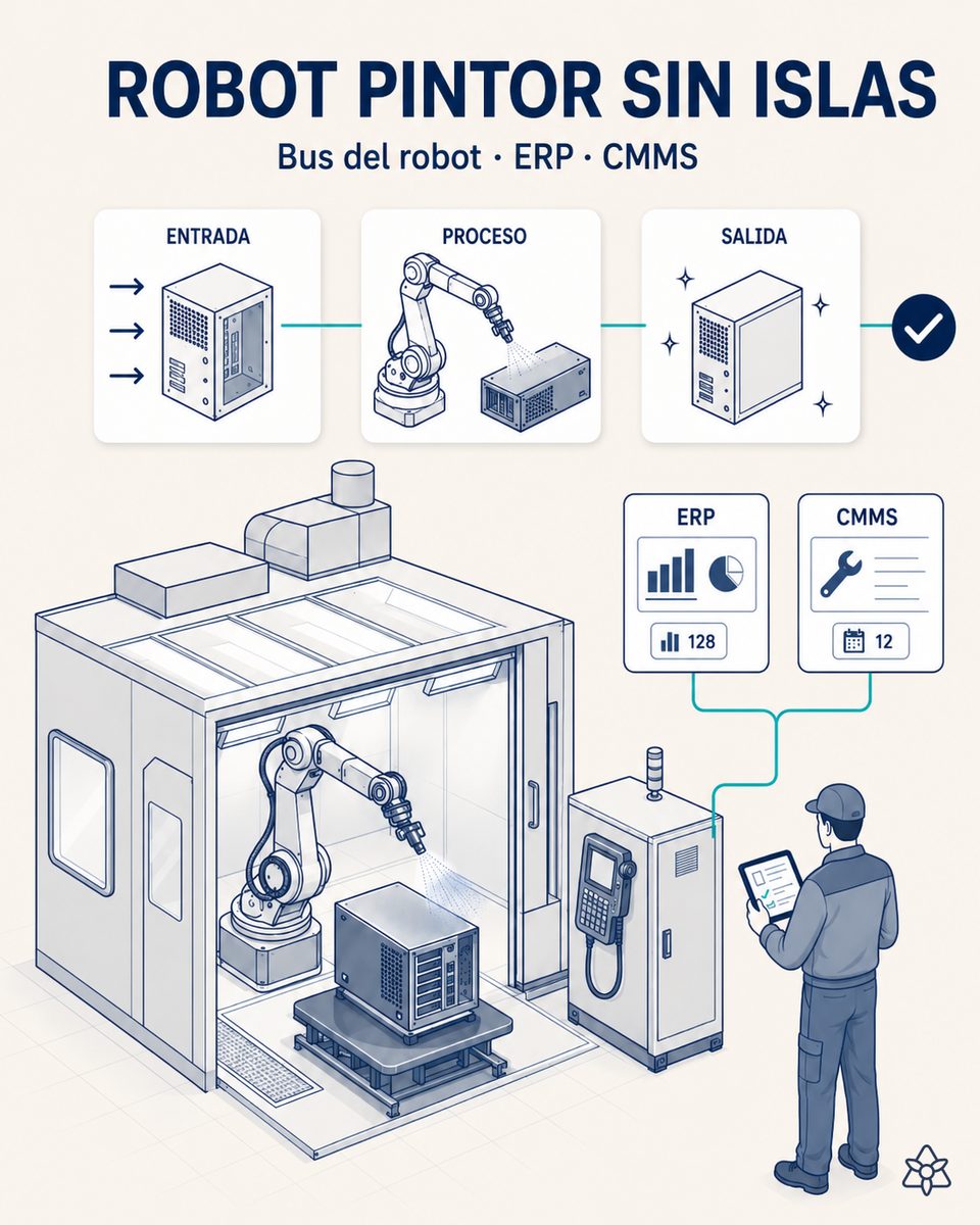 Robot pintor aplicando pintura sobre chasis metálicos de electrónica en una planta EMS, cosido bidireccionalmente al ERP y al CMMS mediante iLEAN Connect con programa publicado desde la orden de fabricación y contadores de horas, disparos y consumo depositados en vivo